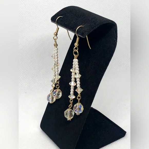 Hand Crafted Iridescent Beaded & Pearl Dangle Earrings - Picture 3 of 5